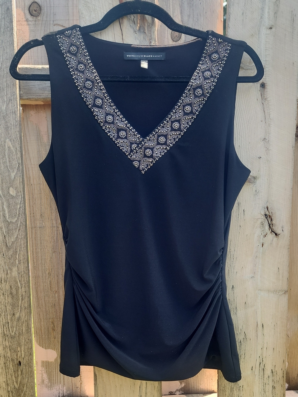 White House Black Market Black Top Black With Embellished V Neckline